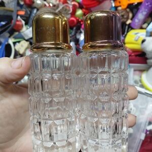 Antique Clear Glass Salt and Pepper Shakers with Gold Caps